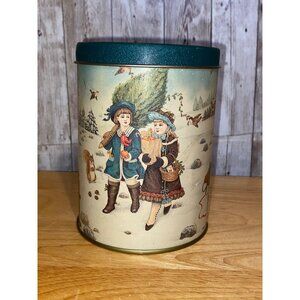 Vintage Round Christmas Tin Canister With Victorian Winter Scene Design Taiwan